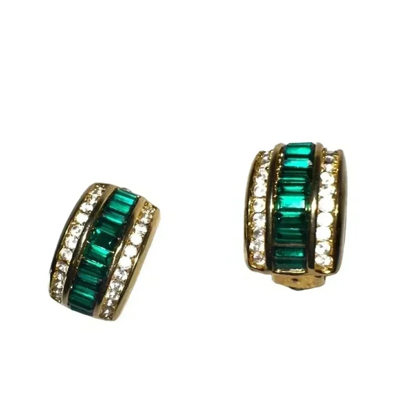 Elegant Green Gemstone & Gold Earrings with Diamond Accents - Picture 1 of 12